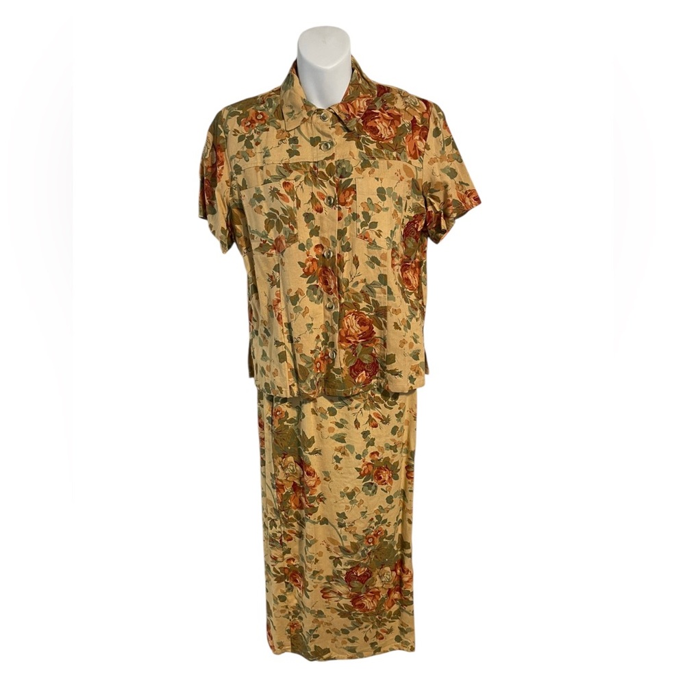 Denim & Co Vtg 2 Pc Linen Blend Floral Top Wrap Skirt Set Cottagecore Boho Small